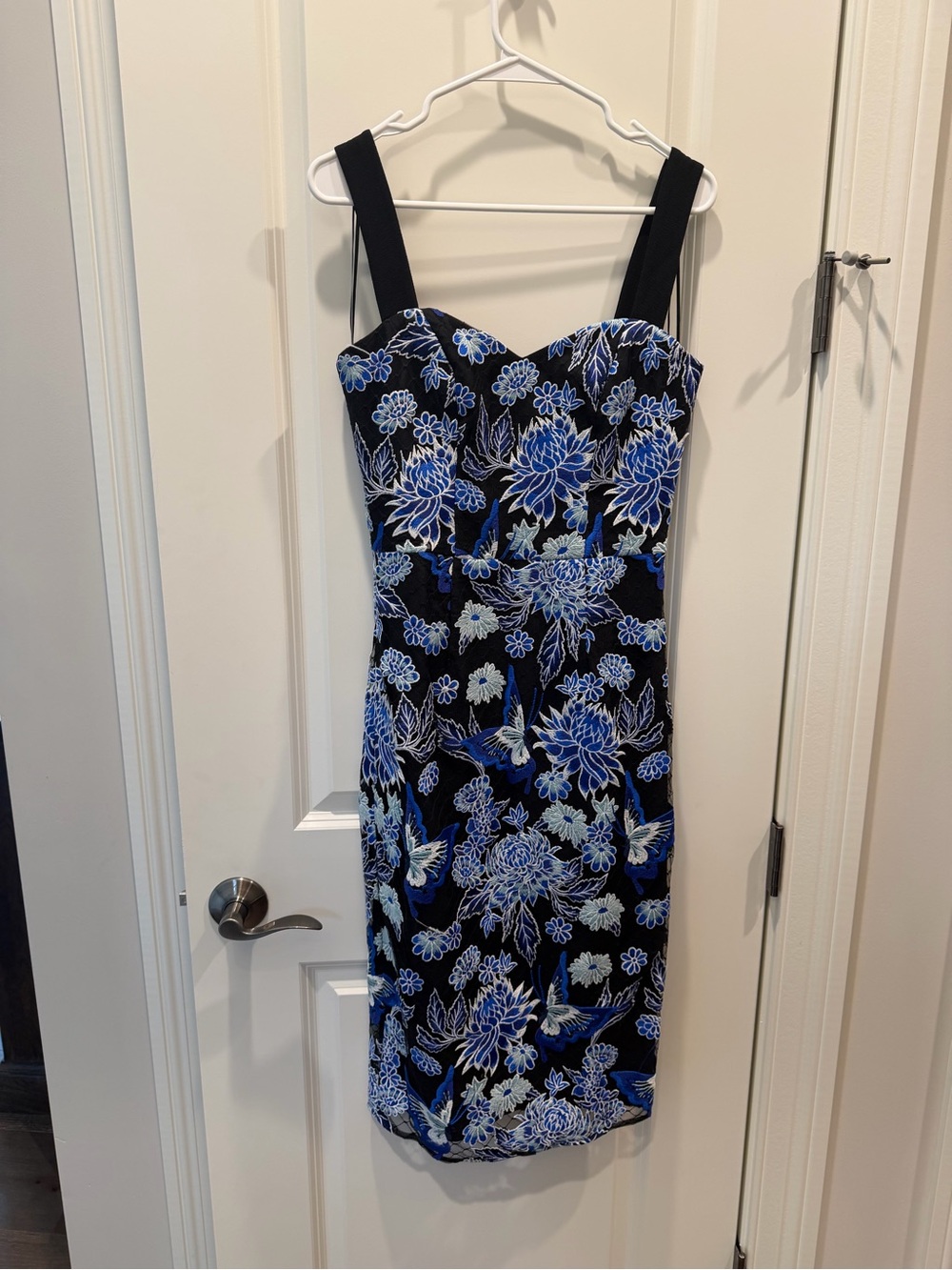 Dress the Population Black Dress with Blue Floral Print and Wide Straps